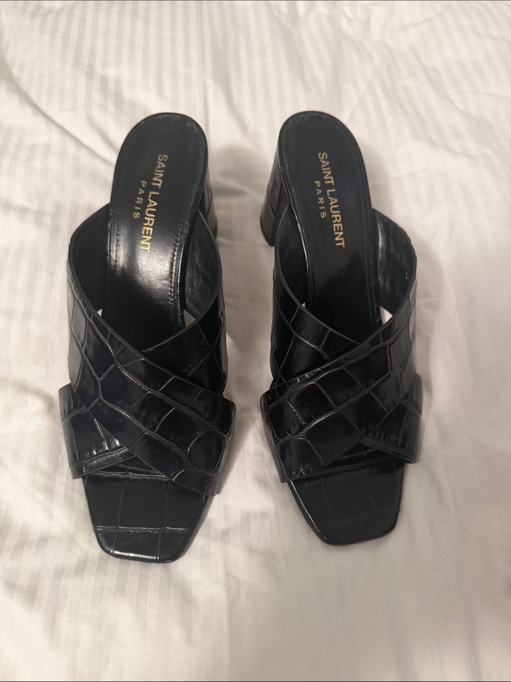 Yves Saint Laurent Black Croc-Embossed Woven Slide Heels size 7